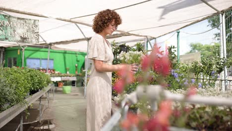 woman choosing white flowers in garden center
