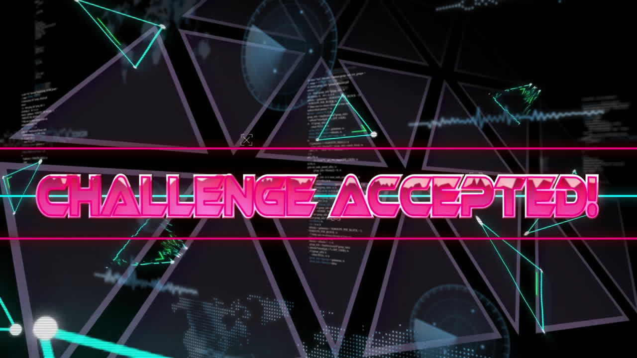 흑색 바탕에 있는 삼각형 위의 도전 받아들여진 텍스트의 애니메이션과 데이터 처리