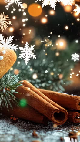 a star shaped cookie with white icing and cinnamon on it. the cookie is sitting on a table with some pine cones