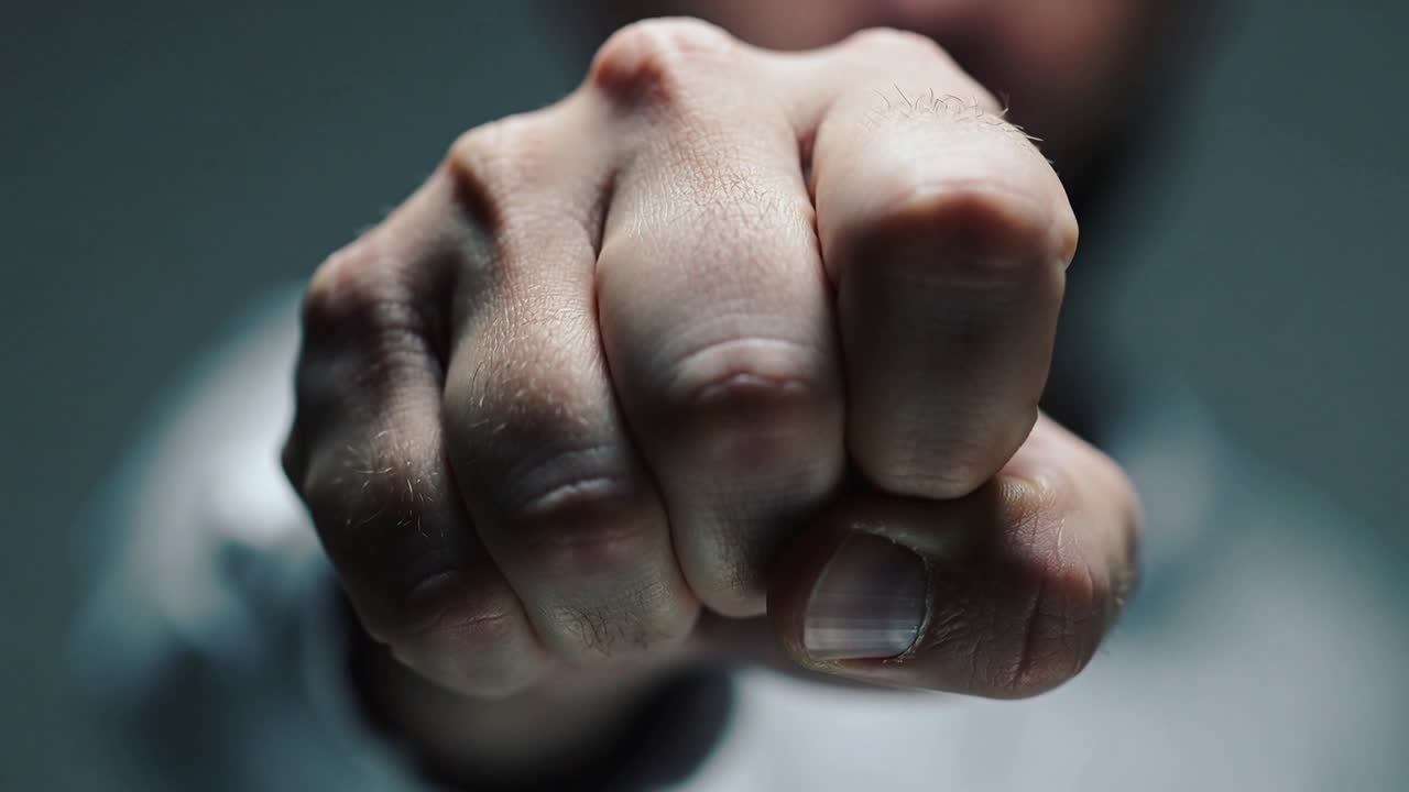 Bringing man holding clenched fist toward lens on studio set, revealing knuckles and thumbnail