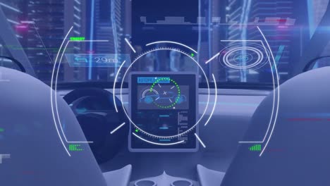 Animation-Des-Glitch-Effekts-Und-Des-Scope-Scans-über-Der-Cockpit-Ansicht-Eines-Selbstfahrenden-Autos-Beim-Fahren-In-Der-Stadt