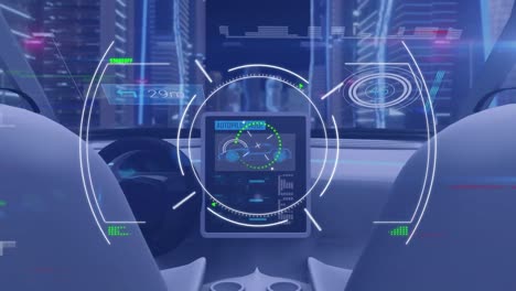 animación del efecto de glitch y escaneo de alcance sobre la vista de la cabina del automóvil de conducción autónoma en la ciudad.