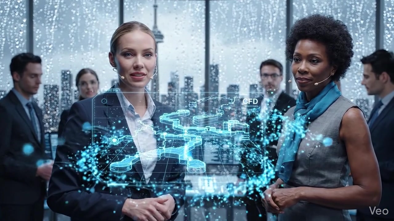 Affärskvinnor med holografisk datadisplay på ett modernt kontor.
