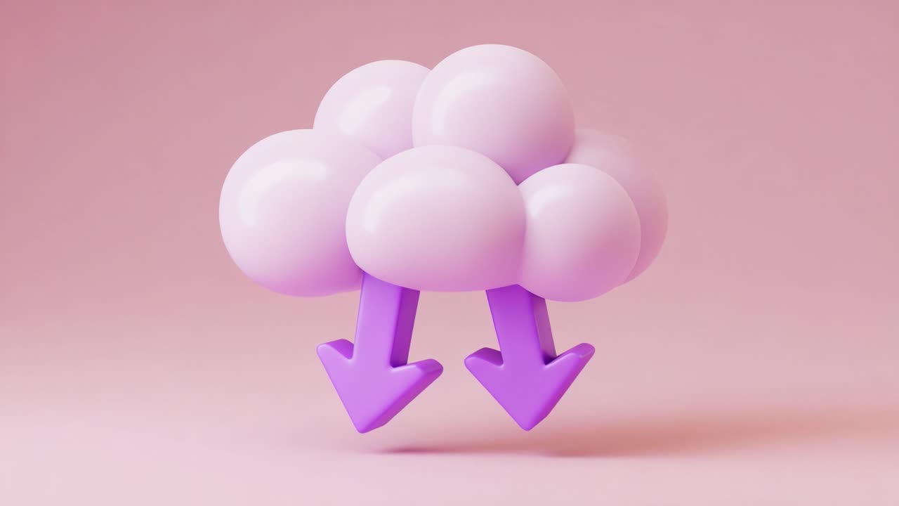 A playful, animated cloud with two downward arrows, embodying the concept of data transfer and download, set against a soft pink background that enhances its whimsical appearance