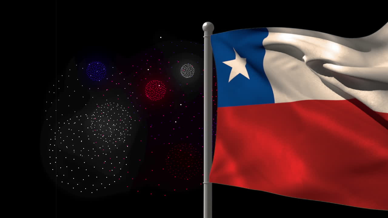 animación de la bandera de chile sobre formas y fuegos artificiales en fondo negro