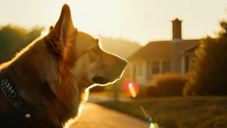 golden retriever dog looking at camera at sunset