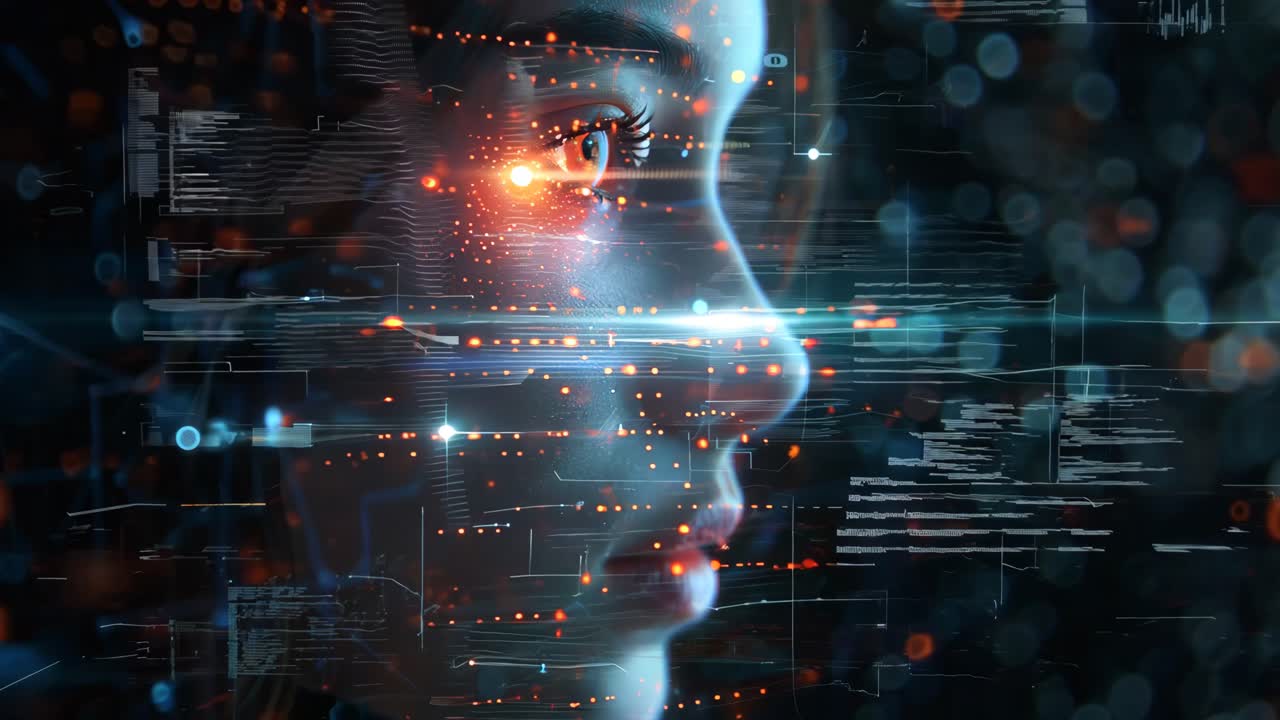 A woman's face is shown in a computer generated image with a bright orange glow. The image is abstract and surreal, with a sense of mystery and wonder. The woman's eyes are open