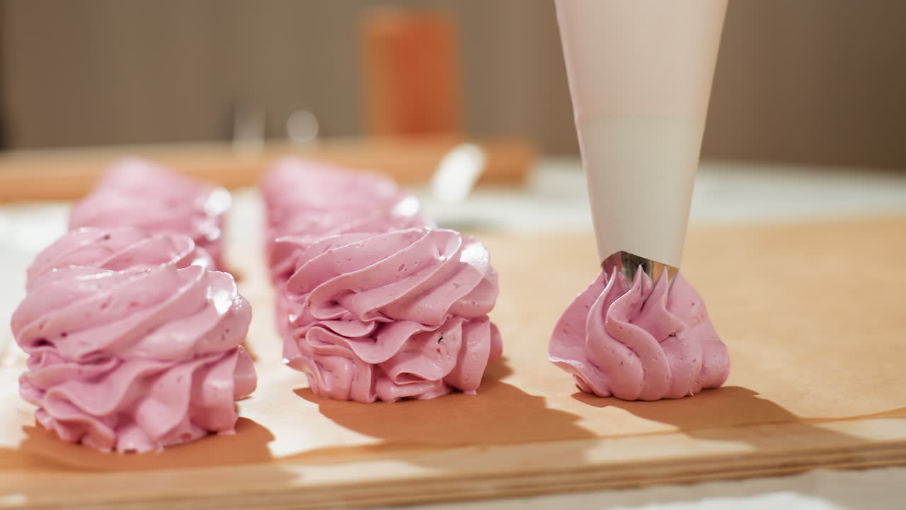 Close up of cupcake preparation process showing piping bag squeezing swirls of smooth pink dough onto brown baking paper in neat row, soft background blur