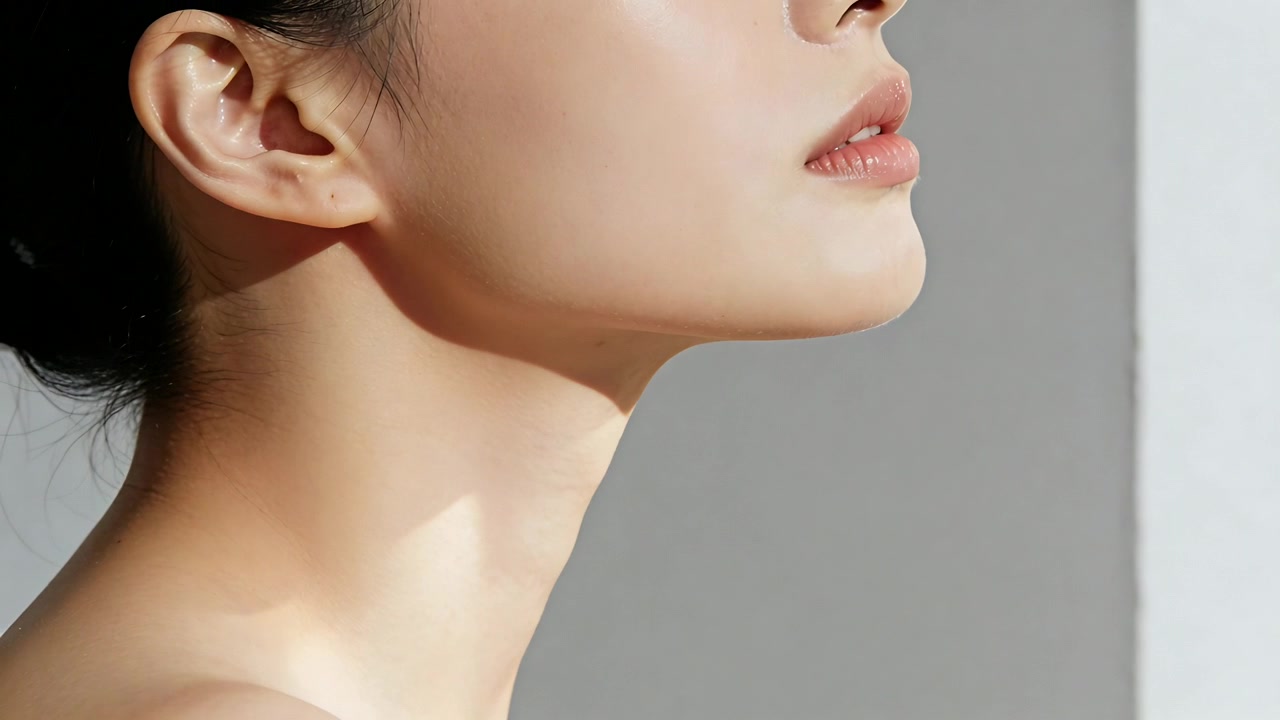 Inizio dei fotogrammi, donna asiatica che allunga il collo in studio mostrando la linea della mascella, con abito senza spalline e illuminata da una striscia di luce soffusa.