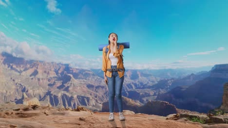 full body of asian female hiker with mountaineering backpack screaming holding hands near her mouth while traveling at the top of mountain