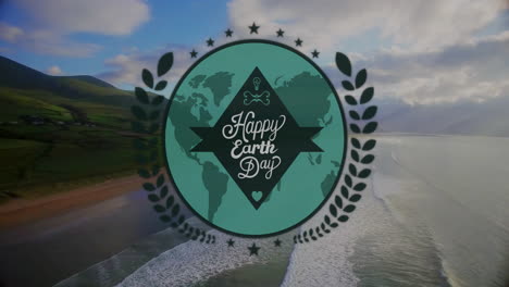 animation of happy earth day text over landscape