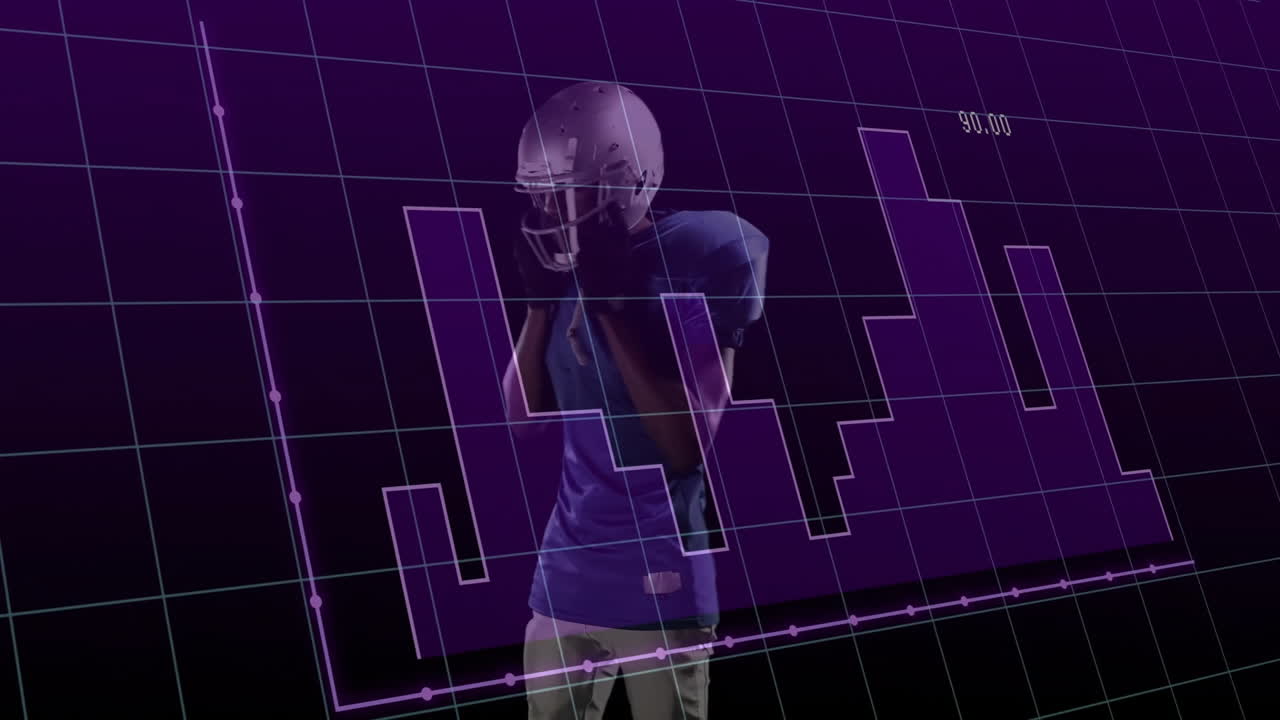 Giocatore di football americano in uniforme, in piedi su un'animazione con sfondo viola.