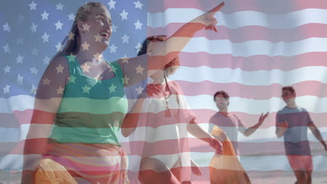 Animation-Der-Flagge-Der-USA-über-Verschiedenen-Freunden,-Die-Am-Strand-Spazieren-Gehen