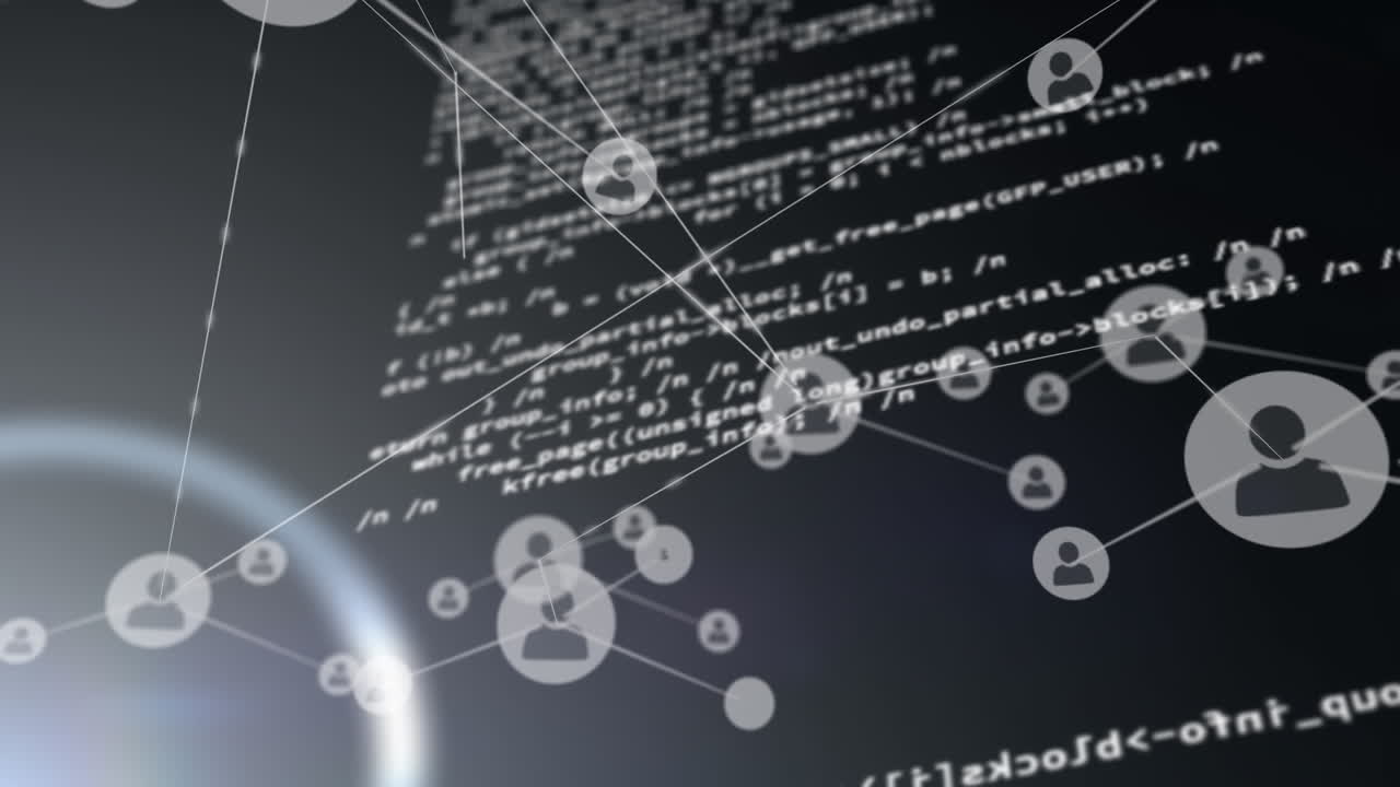 검은색 배경에 있는 데이터 처리 및 미디어 아이콘의 애니메이션