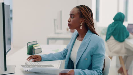 documents, computer and business black woman