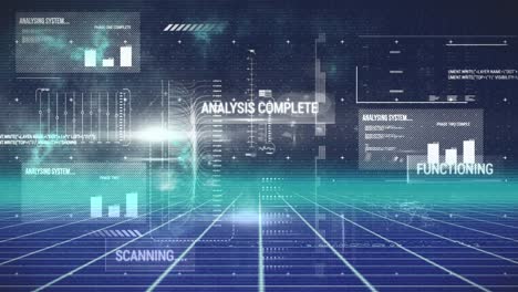 Animation of interface with data processing over grid network against blue background