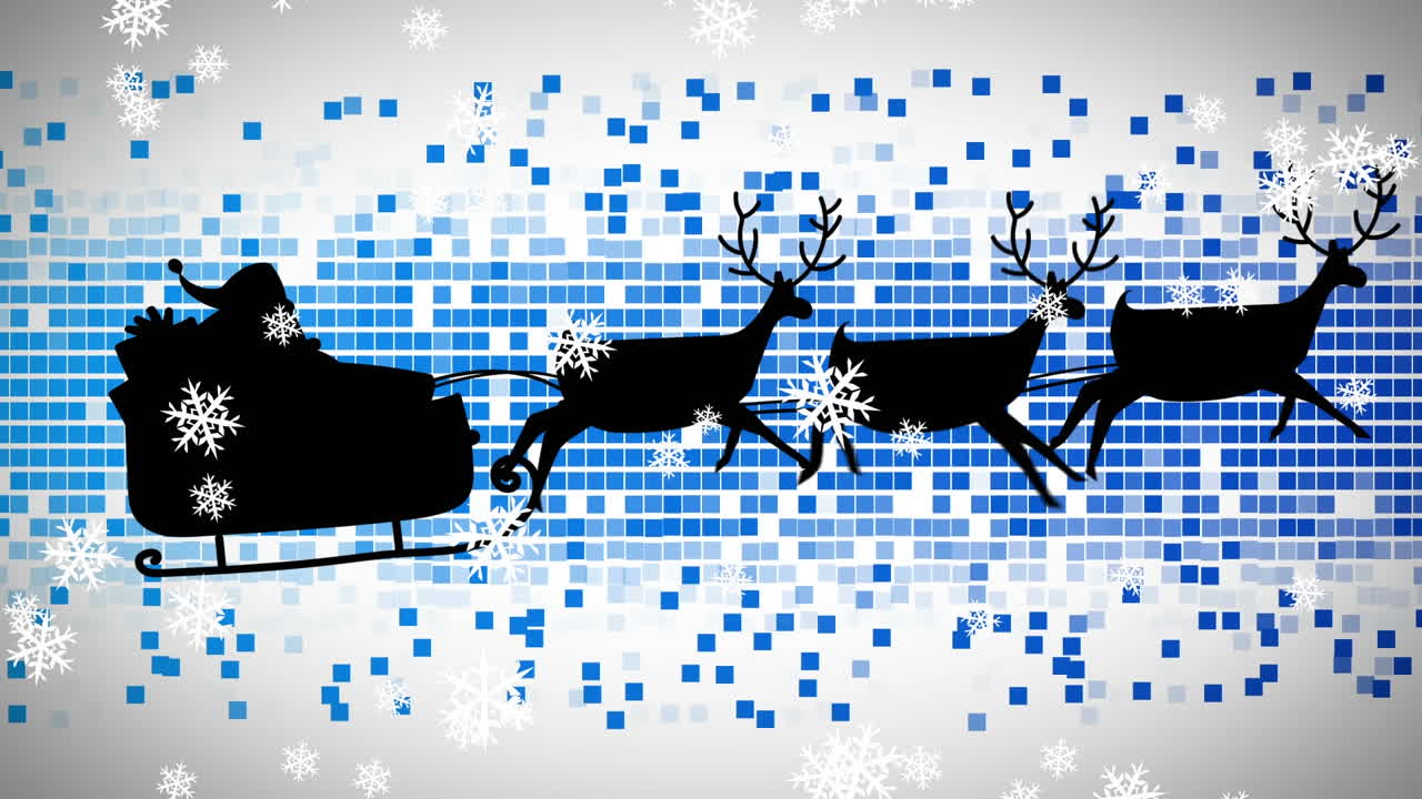 animación digital de copos de nieve cayendo sobre la silueta negra de santa claus en el trineo