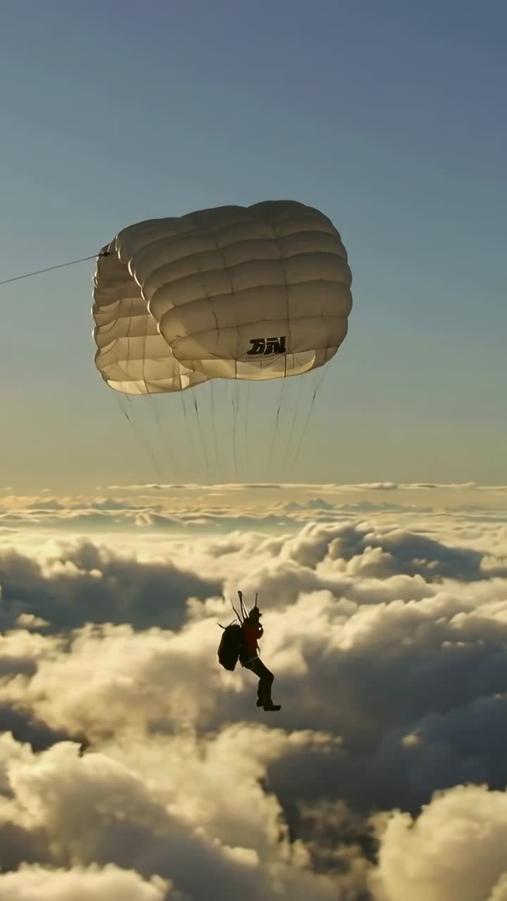 Video verticale: Apertura del paracadute che lancia un paracadutista in tuta e casco che si dirige sopra le nuvole, con attrezzatura per l'atterraggio.