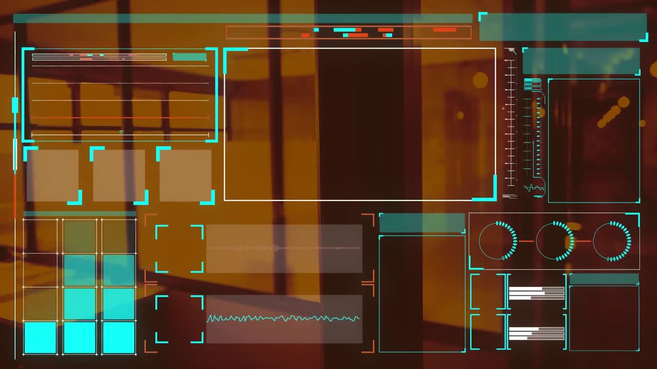 interfaz digital con procesamiento de datos frente a una oficina vacía en segundo plano