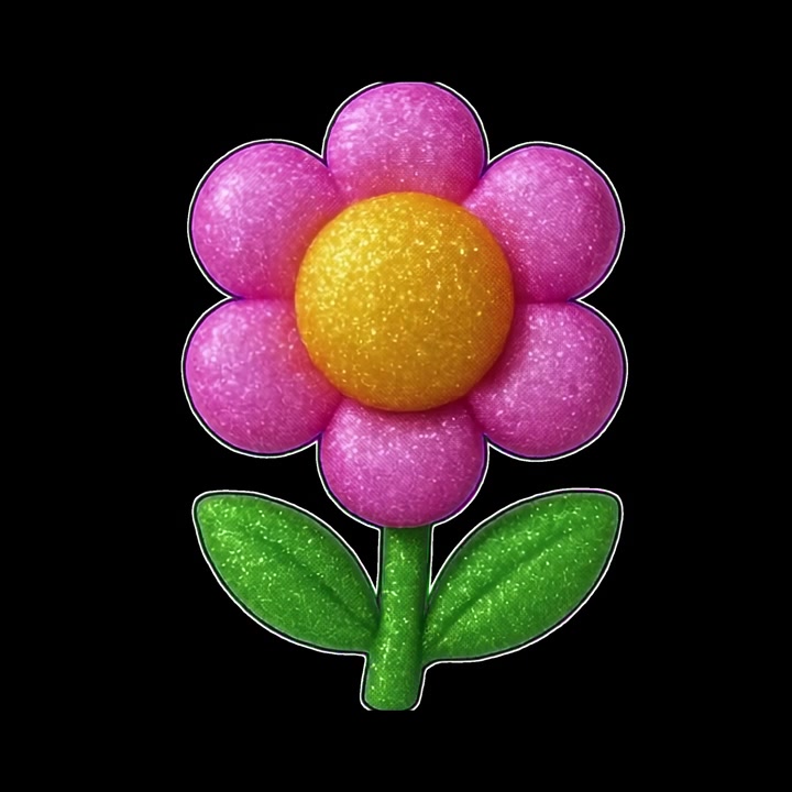 Flor de Glitter Animada de Desenho Animado com Pétalas Cor-de-Rosa e Centro Amarelo