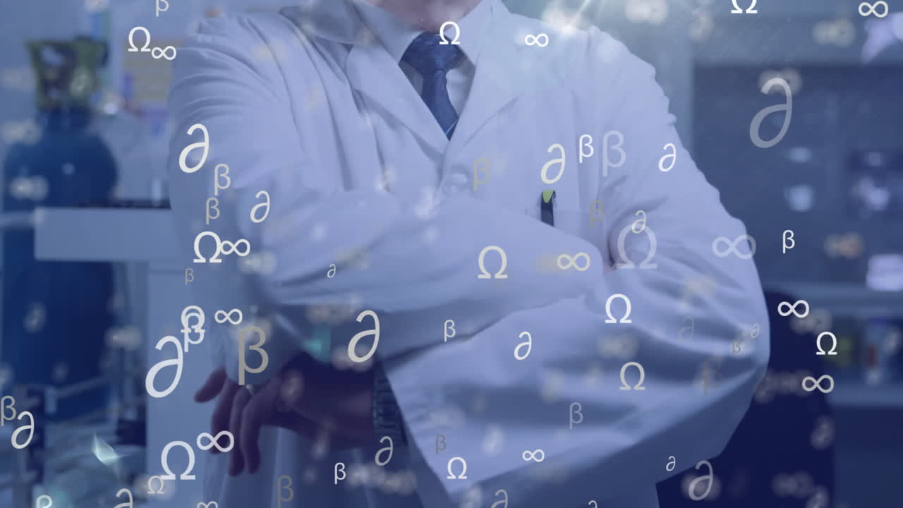 실험실에서 백인 남성 과학자에 대한 수학적 기호의 애니메이션