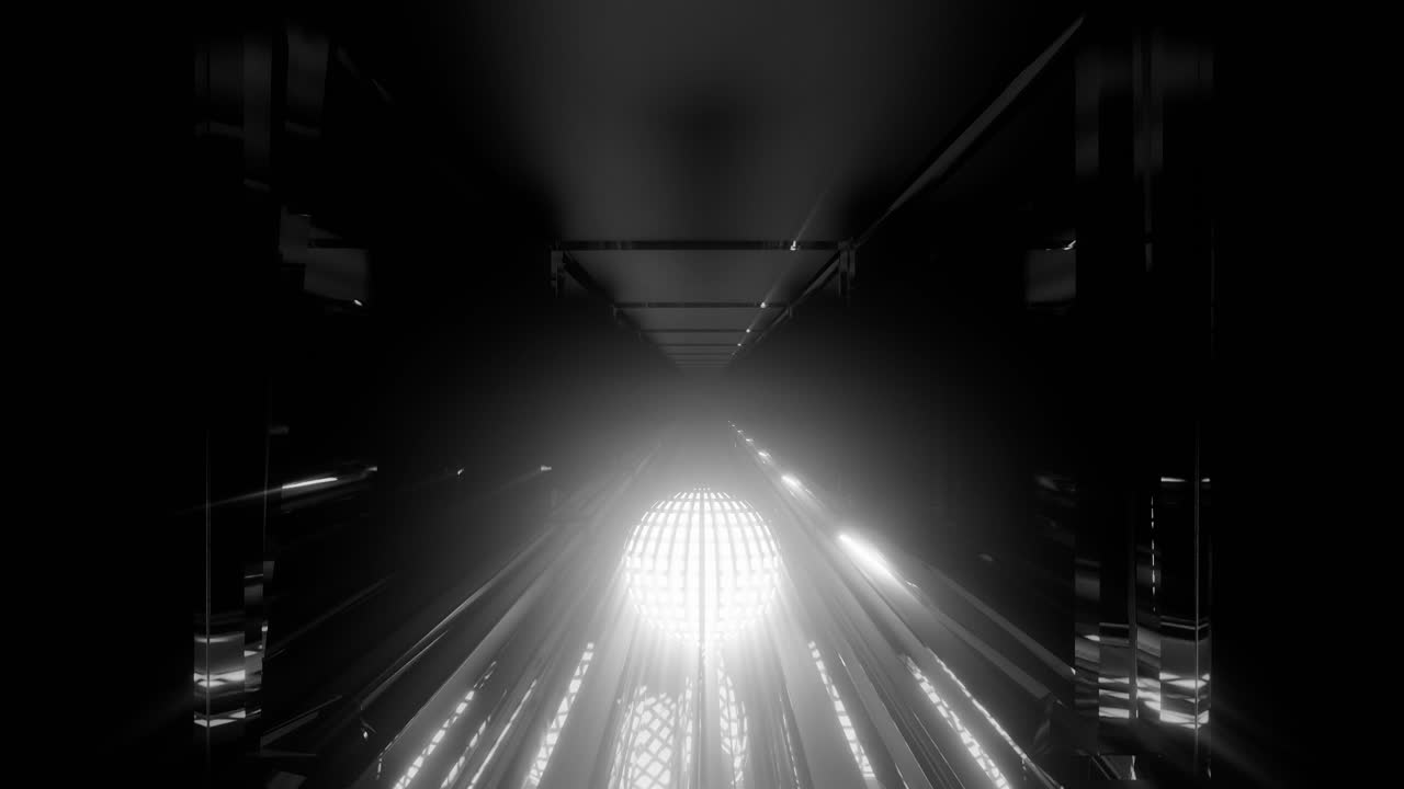 esfera negra y blanca rodando en un oscuro túnel espacial infinito con reflejos brillantes dando efecto inmersivo hipnótico