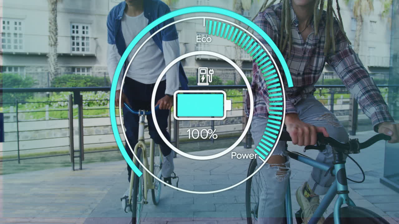 Cyclists riding with battery charge animation overlay on urban street