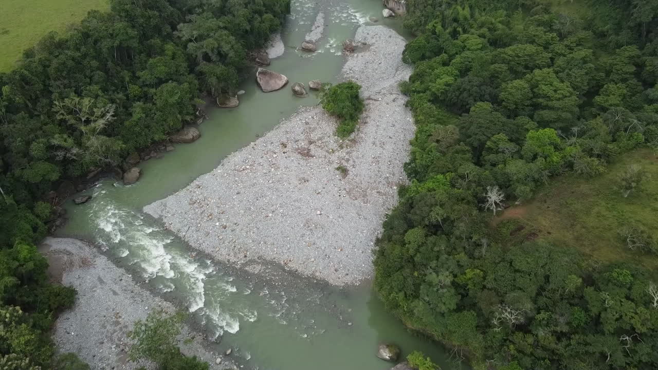 воздушный вид реки, протекающей через пышный зеленый лес