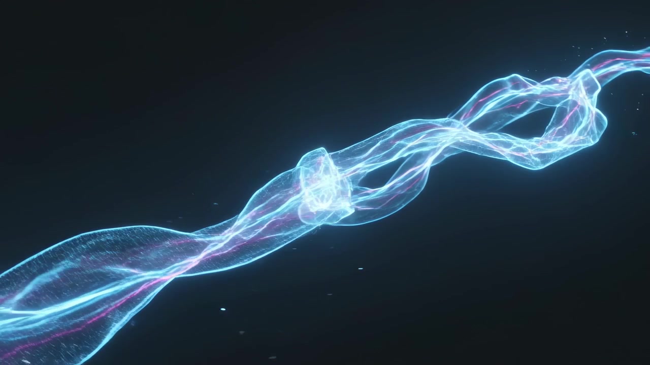 Twisting cyan magenta filament reacting to inner pulse, forming loops and emitting sparks in void