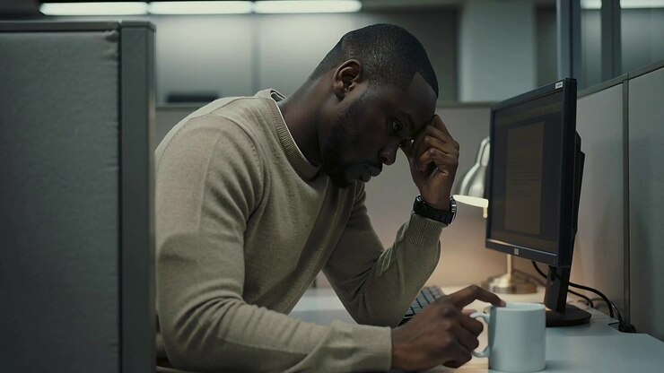 Pausing to think, office worker holding head and tapping mug at cubicle desk wearing beige sweater