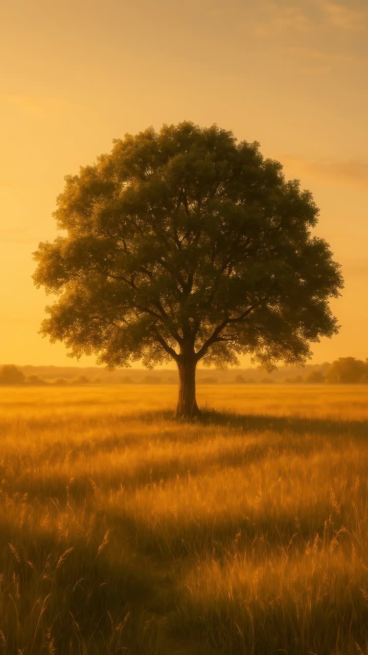 Árvore Majestosa em Campo Dourado ao Pôr do Sol