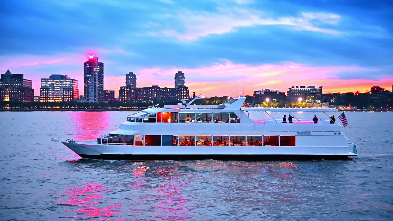 Riverboat carrying people travelling by the river at dusk time. Luminous skyline of New York at backdrop