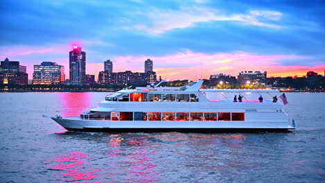 riverboat carrying people travelling by the river at dusk time. luminous skyline of new york at backdrop