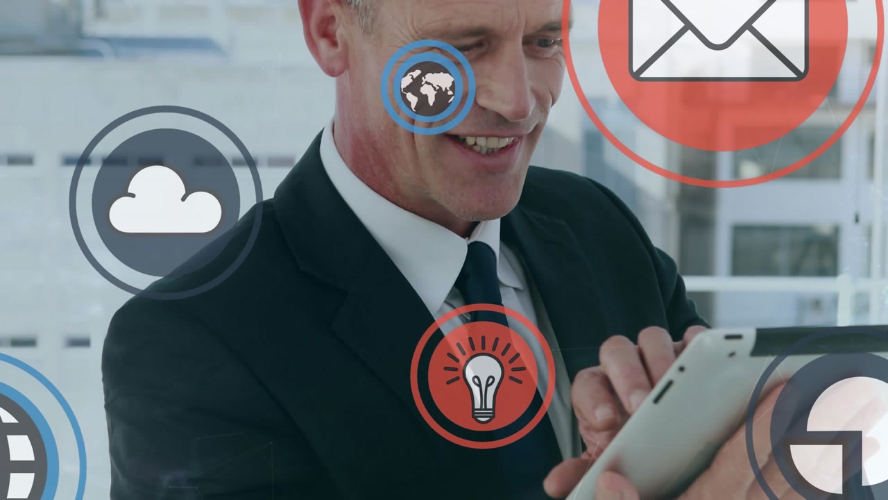 Animation of icons in circles over caucasian businessman using smartwatch in office