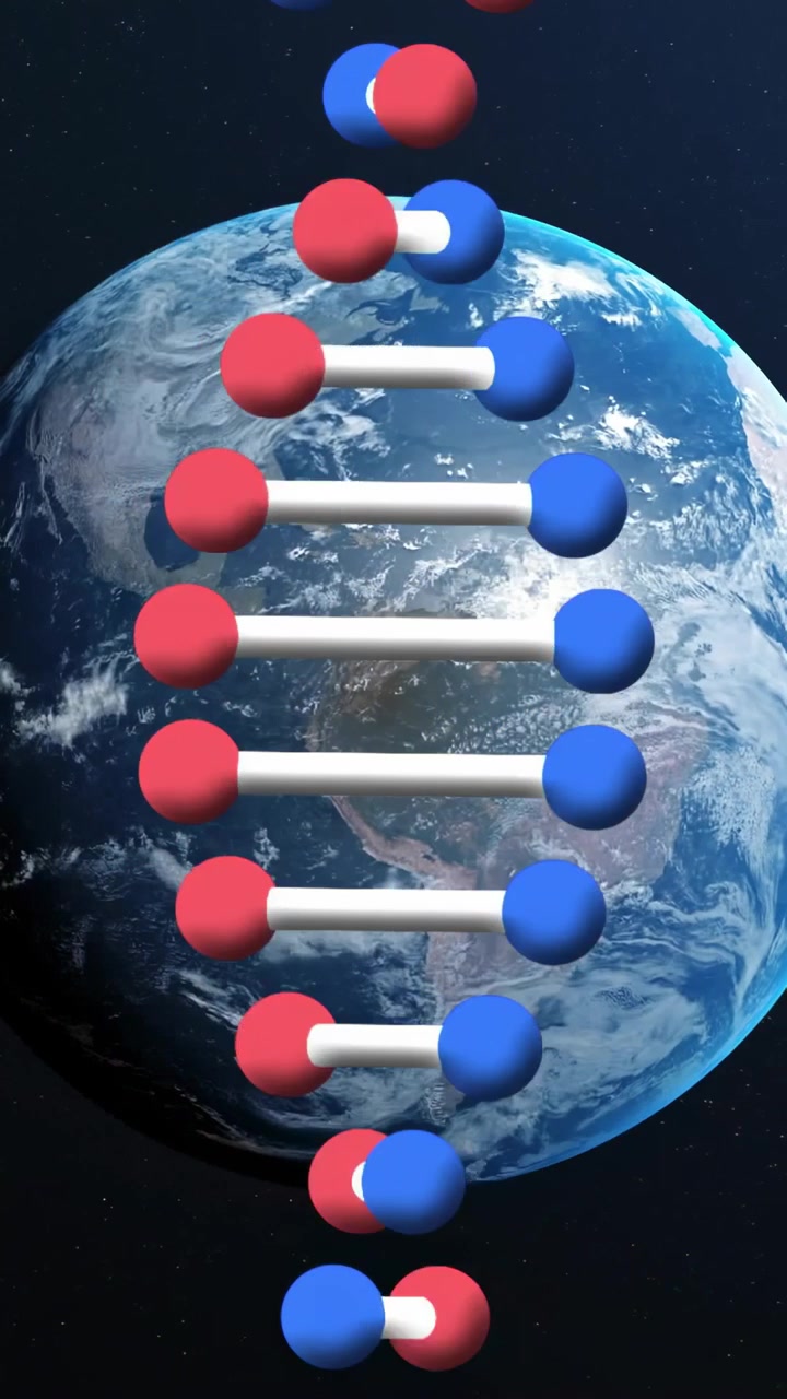 Video verticale: Una scala del DNA che entra dall'angolo superiore destro, ruota e si muove attraverso la Terra, suggerendo un'orbita.