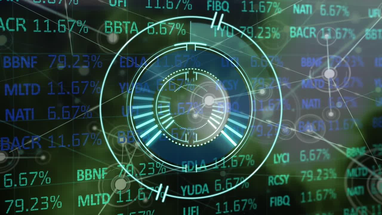 animación del escaneo del alcance sobre el procesamiento de datos y redes de conexiones con puntos brillantes