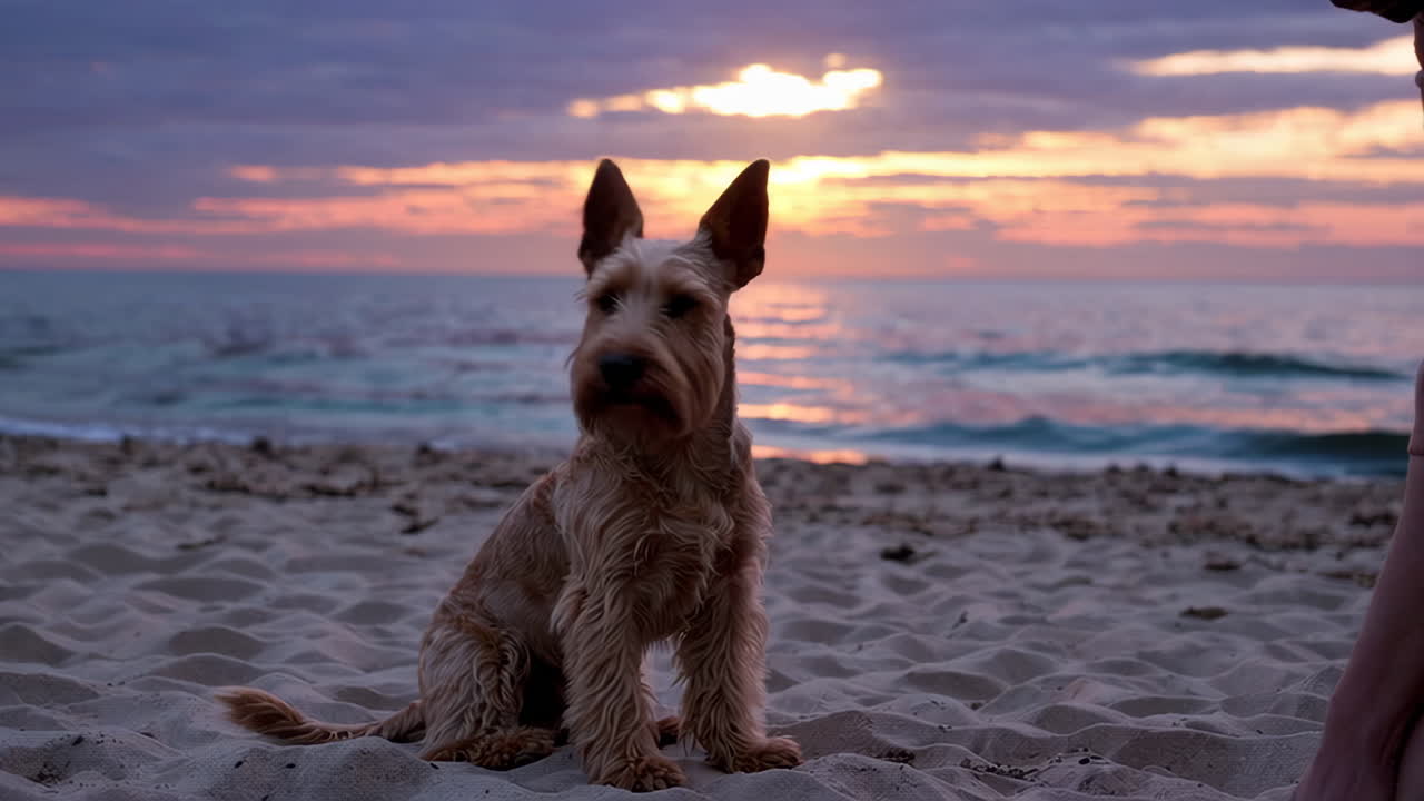 A dog sitting on a sandy beach at sunset, with a human hand interacting with it