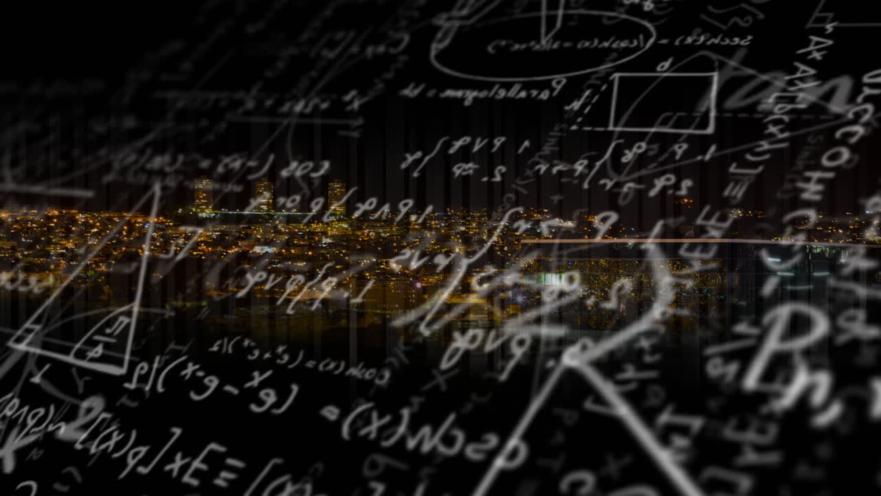 animación de fórmulas matemáticas sobre el paisaje urbano