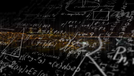 animation of mathematical formulas over cityscape