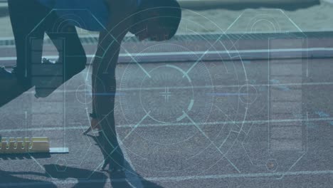 animación de datos en pantalla digital sobre hombre afroamericano con entrenamiento de hoja de correr