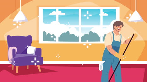 hombre limpiando una habitación