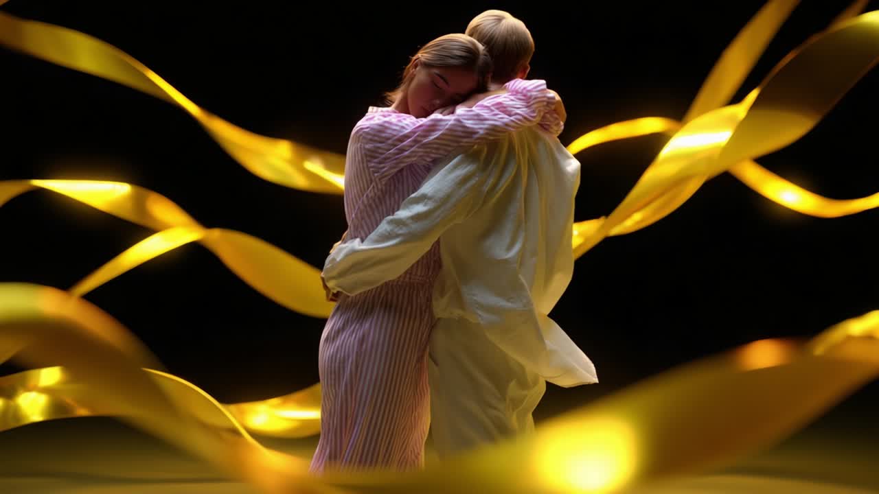 A Tender Embrace Captured in Golden Light: Two Figures Entwined in a Moment of Pure Emotion Surrounded by Flowing Ribbons, Symbolizing Love, Connection, and Intimacy Under a Dramatic Background
