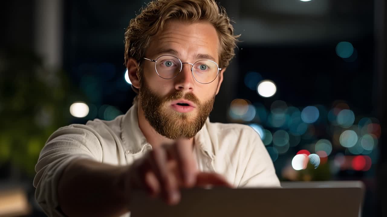 A focused man engages with his laptop, immersed in thought as he navigates through tasks late at night, illuminated by city lights through the window