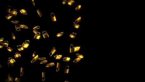 flying many golden padlocks on black background. security or secret protection concept. 3d animation of padlocks rotating. loop animation.