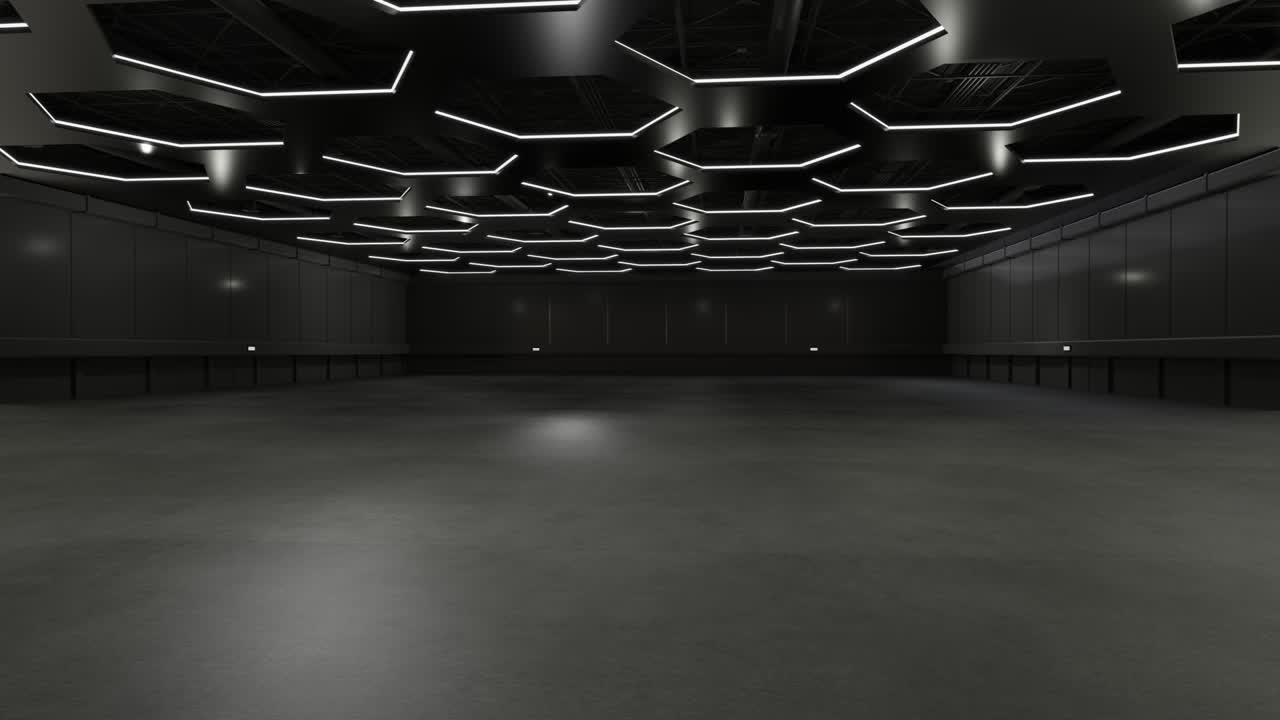 movimiento exposición de sala vacía con iluminación. telón de fondo para puestos, cabina, producto. gran sala para conferencia, en línea.3d fondo para entretenimiento, concierto, evento, deportes, en vivo. bucle de animación 4k.3d render.