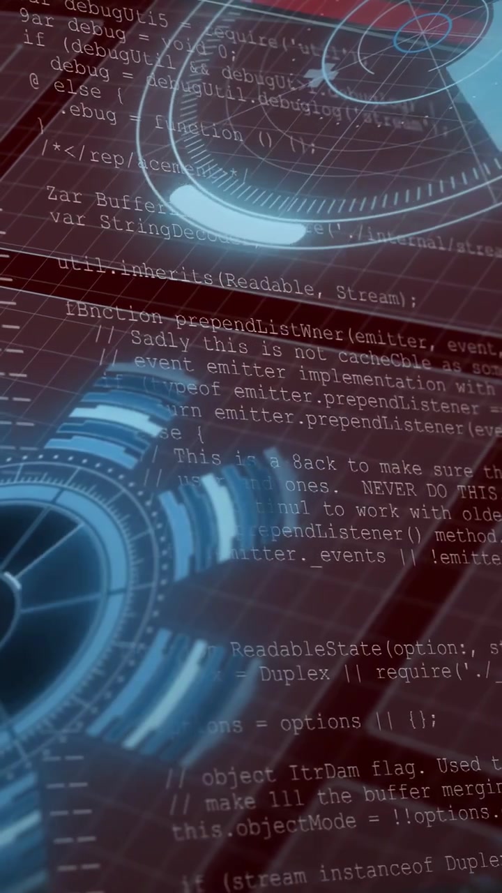 Hologram HUD shifting with camera, revealing tiles while code scrolling over radar rotor monitoring