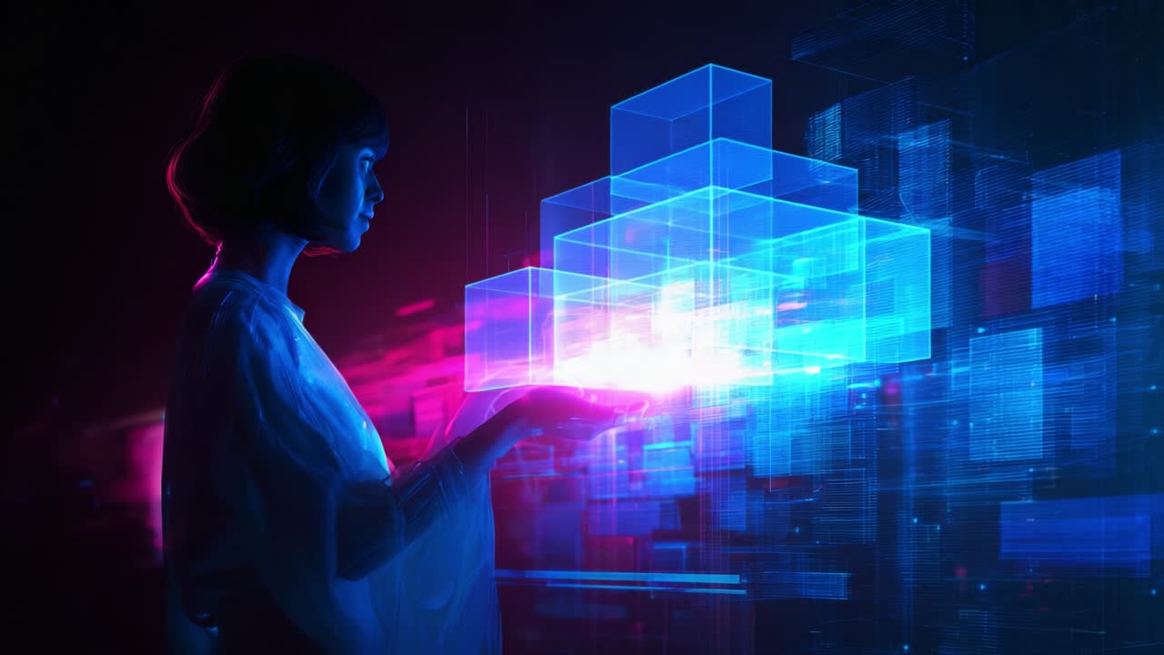 Una giovane donna osserva in modo contemplativo mentre manipola formazioni di dati olografici vivaci e luminose, a simboleggiare la fusione tra tecnologia e creatività umana in un regno digitale.