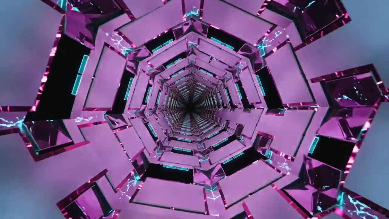 Camera moving hexagonal mirrored tunnel deepening into void creating depth pulsing cyan arcs