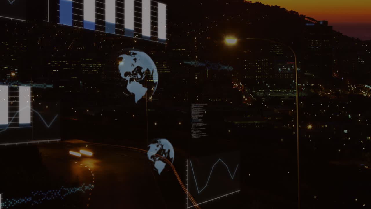 Animazione di globi ed elaborazione di dati finanziari su paesaggio urbano