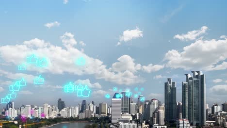 social media connection technology network city and futuristic interface graphic